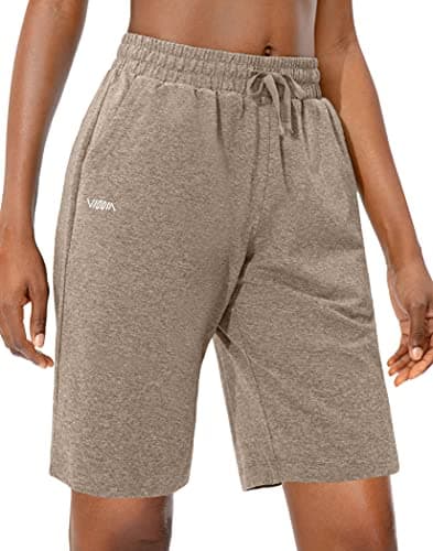 Viodia Women's Bermuda 10" Long Shorts with Pockets Cotton Sweat Lounge Shorts for Women Jersey Athletic Knee Length Shorts for Summer Khaki - Image 1