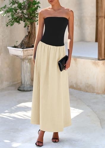 PRETTYGARDEN Women's 2025 Spring Strapless Maxi Dresses Patchwork Long Flowy Pockets Elegant Going Out Summer Tube Top Dress (Apricot,Small) - Image 8