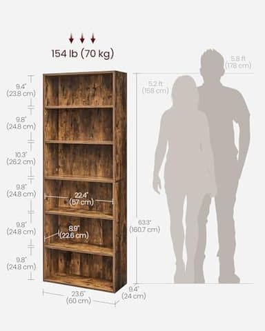 VASAGLE CUSTOS Collection - Bookshelf, 6-Tier Bookcase, Book Shelf, Open Storage Shelf, 9.4 x 23.6 x 63.3 Inches, for Living Room, Home Office, Dinning Room, Rustic Brown ULBC166X01 - Image 3