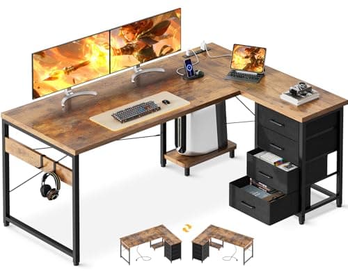 Casaottima 53'' L Shaped Desk with Drawers, Reversible Computer Desk with Storage, Gaming Table with Power Outlets, USB Ports, PC Case Shelf, Corner Desk for Home Office, Easy Assembly, Vintage - Image 1