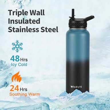 WixByti 40 oz Insulated Water Bottle with Straw (Cold for 48 Hrs), Stainless Steel Triple Wall Vacuum Sports Water Jug, Leakproof Hydro Cup Flask with Paracord Handle & Straw Spout Lids & DIY Stickers - Image 2