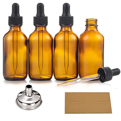 4 Pack, 2 oz Bottles with Dropper & 1 Funnel & 4 Labels - Essential Oils Bottles for Health, Personal Care & Beauty - 60ml Thick Dark Amber Glass Tincture Bottles, Refillable Cosmetic Containers - Image 1
