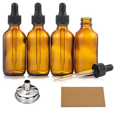 4 Pack, 2 oz Bottles with Dropper & 1 Funnel & 4 Labels - Essential Oils Bottles for Health, Personal Care & Beauty - 60ml Thick Dark Amber Glass Tincture Bottles, Refillable Cosmetic Containers - Image 1