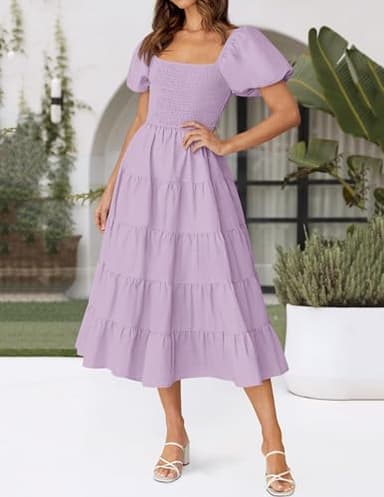 ZESICA Women's 2025 Summer Square Neck Short Puff Sleeve Solid Color High Waist Casual Smocked Flowy A Line Tiered Midi Dress,Lightpurple,Medium - Image 3