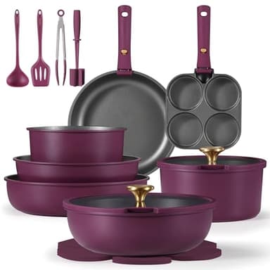 CAROTE 21pcs Pots and Pans Set, Nonstick Cookware Set Detachable Handle, Induction Kitchen Cookware Sets Non Stick with Removable Handle, RV Cookware Set, Gold and Purple - Image 1