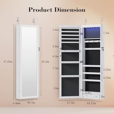 Sweetcrispy Jewelry Cabinet Organizer Wall or Door Mounted, 47.2-inch Jewelry Armoire with Full-Length Mirror, 6 LEDs Lockable Jewelry Storage, Large Capacity Storage, White - Image 5