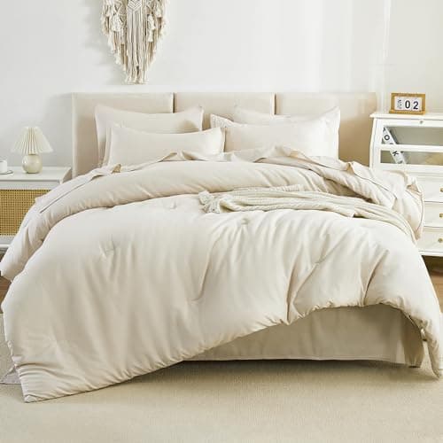 Litanika California King Comforter Set Beige - 7 Pieces Bed in a Bag Cal King Bedding Comforter Sets, Plain Lightweight Bed Set with Comforter, Sheets, Pillowcases & Shams - Image 1