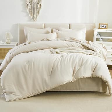 Litanika California King Comforter Set Beige - 7 Pieces Bed in a Bag Cal King Bedding Comforter Sets, Plain Lightweight Bed Set with Comforter, Sheets, Pillowcases & Shams - Image 1