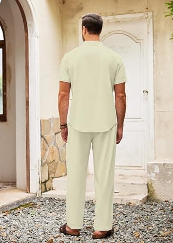 COOFANDY Men's 2 Pieces Cotton Linen Set Short Sleeve Hippie Henley T Shirts Casual Beach Pants With Pockets Summer Yoga Set - Image 8
