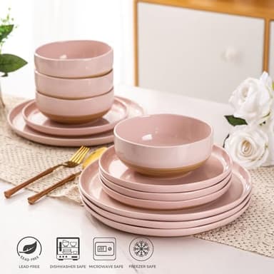 AmorArc Ceramic Dinnerware Sets for 4, 12 Pieces Handpainted Plates and Bowls Set with Rustic Terracotta Underside, Scratch Resistant Stoneware Dishes Set, Dishwasher & Microwave Safe, Cloud Pink - Image 6