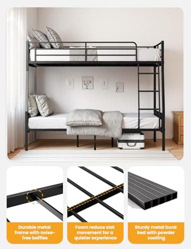 Feetice Full XL Over Queen Bunk Bed, Heavy Duty Metal Bunk Bed with EVA Anti-Slip Ladder & Full-Length Guardrails, Noise-Free Queen Bunk Bed Frame for Adults, Teens, Black - Image 3