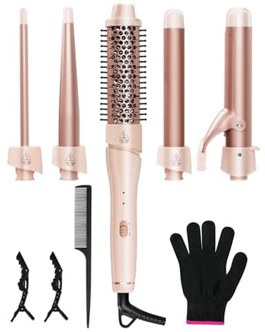 ANIEKIN 5 in 1 Curling Iron Set, Fast Heat Up Curling Wand from 3/8 to 1 1/4 Inch and a Thermal Brush Come with, Dual Voltage Hair Curler for Women All Hair Types and Travel Use, Gifts for Women,Pink - Image 1
