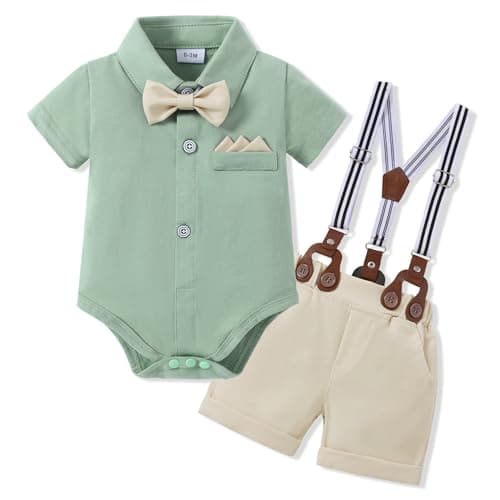 SANMIO Baby Boy Clothes Suits 0-24M Infant Gentleman Wedding Outfits, Short Sleeve Dress Romper Bowtie+Detachable Suspenders - Image 1