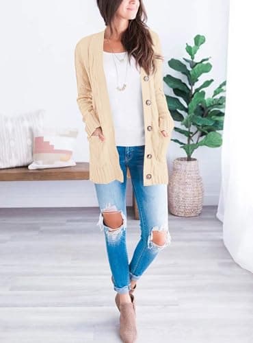 PRETTYGARDEN Women's Open Front Cardigan Sweaters Fall Fashion Button Down Cable Knit Chunky Winter Clothing Outerwear Coats (Beige,Small) - Image 6