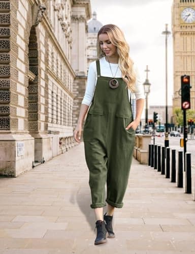 YESNO Women Long Casual Loose Bib Pants Overalls Baggy Rompers Jumpsuits with Pockets (XL PV9 Ash Green) - Image 3