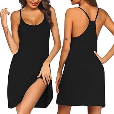 Ekouaer Women Nightgowns Spaghetti Strap Solid Nighties Sleeveless Sleepwear Dress Black Large - Image 1