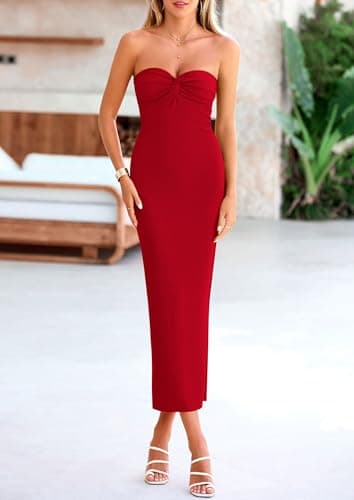 PRETTYGARDEN Women's Bodycon Long Dresses Summer Strapless Tube Twist Knot Front Ribbed Knit Maxi Cocktail Dress with Slit (Red,Medium) - Image 7
