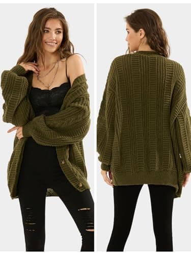 EXLURA Womens 2025 Oversized Cardigan Sweaters Fall Winter Lightweight Soft Knit Cardigan Open Front Button Outwear Coats Army Green - Image 4