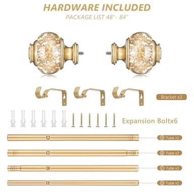 Gold Curtain Rods for Windows 48-84 Inch, 6/8 Inch Adjustable Telescoping Drapery Rod with with Translucent Gold Foil Finials, Decorative Single Curtain Rod Set for Bedroom Living Room - Image 5