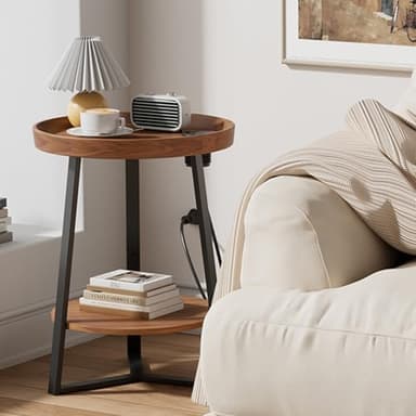 Gadroad Round End Table with Charging Station, USB Ports, Wood Tabletop & Black Metal Frame, 2-Tier Side Table for Living Room, Bedroom, Brown 15.7 * 15.7 * 23.0inches - Image 2
