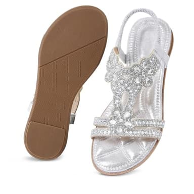 iCKER Women Rhinestone Sandals T-Strap Buckle Bohemian Pearl Crystal Flat Sandals-Sliver 01-8 - Image 5
