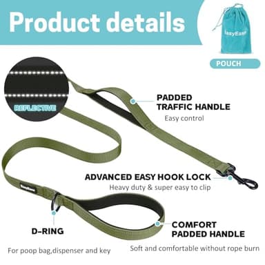 EasyEase Dog Leash with 2 Comfortable Soft Padded Handles 4FT Green Reflective Heavy Duty Pet Dog Walking Leashes Durable Dog Training Lead & Traffic Handle for Large Medium and Small Dogs - Image 2