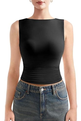 SUUKSESS Women Double Lined Sleeveless Going Out Basic Tank Tops Ruched Summer Casual T Shirts (Black,Small) - Image 1