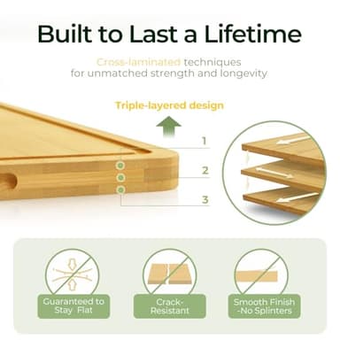 Keechee Wood Cutting Board for Kitchen - Reversible Bamboo Cutting Boards Gift Set of 3 with Juice Groove, Wooden Chopping Board for Meat, Fruit, Vegetables & Cheese (Pre Oiled, Natural) - Image 2