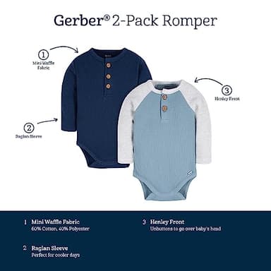 Gerber Baby Boy's 2-Pack Long Sleeve Henley Onesies, Blue and Heather Grey - Image 6