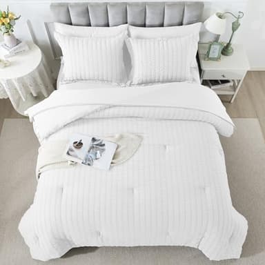 HYLEORY Queen Size Seersucker Comforter Set - 7 Pieces Reversible Comforters Bedding Sets, All Season Bed in a Bag with Comforter, Sheets, Pillowcases & Shams White - Image 3