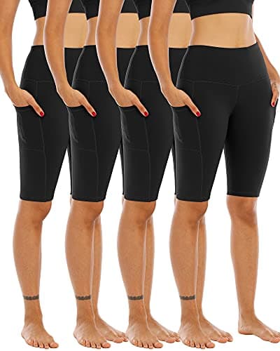 WHOUARE 4 Pack Biker Yoga Shorts with Pockets for Women,High Waisted Athletic Running Workout Gym Shorts Tummy Control,Black,Black,Black,Black,M - Image 1