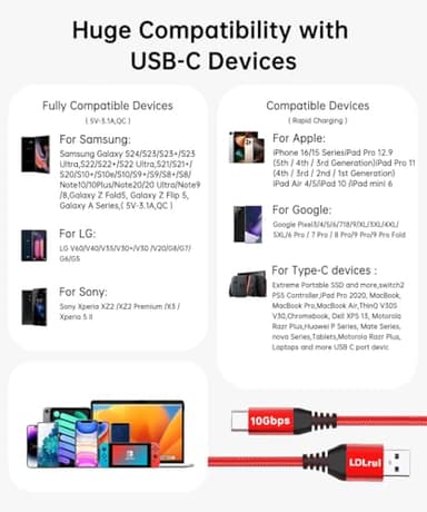 USB-C Cable 10Gbps Data Transfer [2Pack, 6ft], Braided USB 3.2 Gen 2 USB A to Type C Charger Cord 3.1A Fast Charging for iPhone 16/15 Pro Max Car Play, Samsung Galaxy S24/S23/S22 Android Auto - Red - Image 6