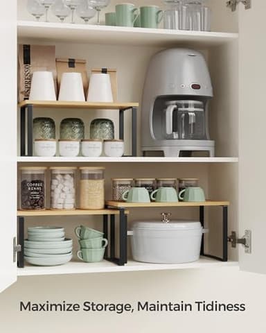 SONGMICS Cabinet Organizer Shelf, Set of 3 Kitchen Counter Shelves, Kitchen Storage, Spice Rack, Stackable, Expandable, Ink Black and Natural Beige UKCS014B01 - Image 3