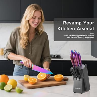 WELLSTAR Rainbow Knife Set 8 Pieces, Iridescent German Stainless Steel Kitchen Knives Set with Wooden Block, Colorful Titanium Coating, Chef’s Knife Block Set with Scissors and Built-in Sharpener - Image 2