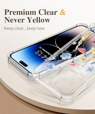 GVIEWIN for iPhone 14 Pro Case Floral, with Screen Protector+Camera Lens Protector,[Non Yellowing]Slim Shockproof Clear Phone Protective Cover for Women, Flower Pattern Design 6.1"(Aconite/Light Blue) - Image 3
