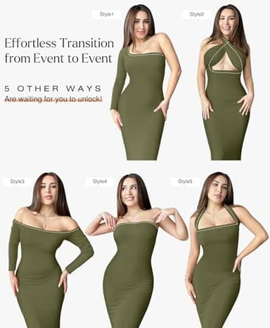 Popilush Formal Wedding Guest Dress - Women's Shapewear Long Sleeve Maxi Dresses Fall Square Neck Bodycon Dress Built-in Bra Green - Image 3