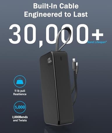 Portable Charger 30000mAh Power Bank -Portable Battery with 2 Built in Cables PD QC4.0 22.5W Fast Charging Battery Pack Phone Charger for iPhone 15 14 13 Samsung Galaxy iPad etc (1 Pack, Black) - Image 3