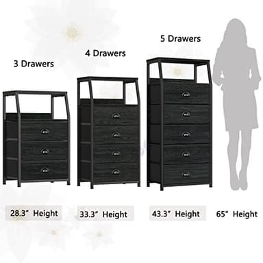 Furnulem Black Dresser with 5 Drawers, Vertical Storage Tower Fabric Dresser for Bedroom, Hallway, Entryway, Nursery, Closet Organizer, Nightstand Bedside Table Furniture, Sturdy Steel Frame, Wood Top - Image 7