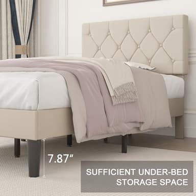VECELO Twin Size Bed Frame with Button Tufted Headboard, Upholstered Platform Bedframe with Wood Slat Support, No Box Spring Needed, Beige - Image 6