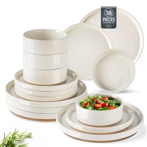 AmorArc Ceramic Dinnerware Set for 6 | Speckled Stoneware Plates and Bowls with Rustic Terracotta Underside| Scratch Resistant,Dishwasher & Microwave Safe Dishes Sets- 18pcs Beige - Image 1