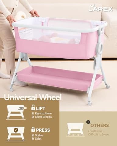 Larex Baby Bassinet, Baby Bassinet Bedside Sleeper with Storage Basket and Wheels, Height Adjustable Portable Crib for Newborn Infant, Easy Assemble and Folding(Pink) - Image 7