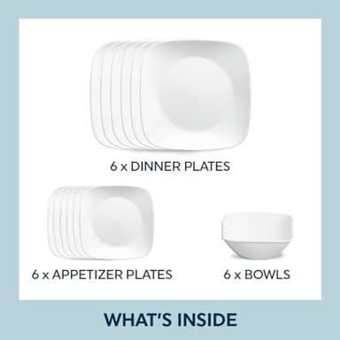 Corelle Vitrelle 18-Piece Service for 6 Square Dinnerware Set Triple Layer Glass and Chip Resistant, Lightweight Square Plates and Bowls Set, Pure White - Image 2