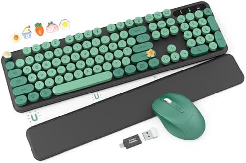 Wireless Keyboard and Mouse Combo - Cute Typewriter Keyboard with Detachable Wrist Rest, Retro Round Keycaps, Foldable Legs, 2.4GHz Keyboards for PC Laptop, Mac, Windows - Trueque (Black and Green) - Image 1