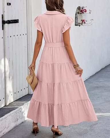 dowerme Women's Summer Dresses 2025 Cap Sleeve Button V Neck Tie Waist Pleated Tiered Loose Fit Boho Flowy Shirt Dress(Pink,Large) - Image 5