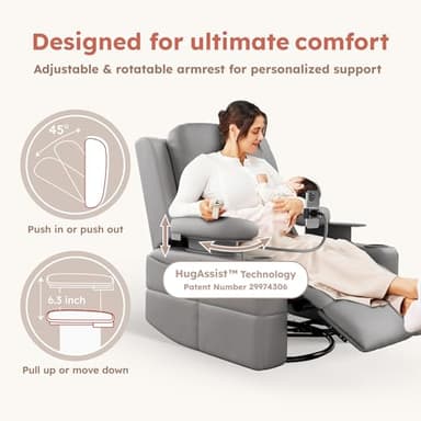 MAMAZING Rocking Chair Nursery with Adjustable Armrests, Electric Glider Recliner Nursing Chair for Breastfeeding, Power Swivel Recliner Chairs with USB Port and Storage, FSC Certified (Haze) - Image 4
