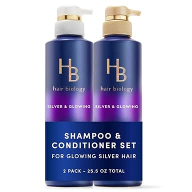 Hair Biology Biotin-Infused Purple Shampoo and Conditioner Set for Grey Hair, Anti-Brassiness, Moisturizing, Color-Safe, Silver & Glowing, Corrects Yellow Tones, 12.8 Fl Oz Each, 2 Pack - Image 1