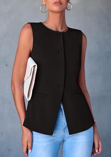 PRETTYGARDEN Women's Summer Suit Vest Tops 2025 Dressy Business Casual Sleeveless Button Down Trendy Fashion Blazer Waistcoat (Black,Large) - Image 3