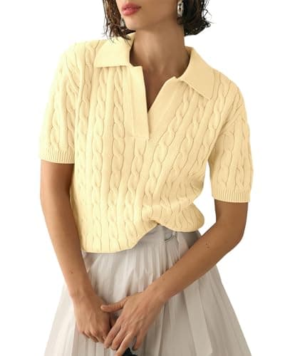 Imily Bela Women's Cable Short Sleeve Sweaters Tops Solid Lapel V Neck Knit Casual Soft Pullover Shirt Light Yellow - Image 1