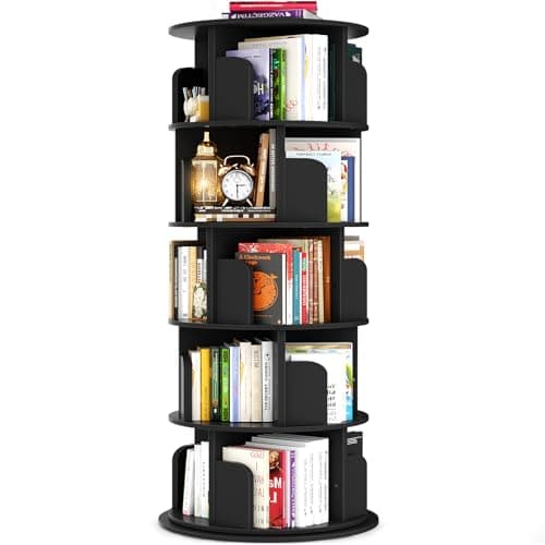 Besiost Rotating Bookshelf Tower, 5 Tier Spinning Bookcase, Revolving 360 Book Shelf Narrow Tall Bookcase, Vertical Turning Round Bookshelf Organizer, Wood Corner Book Shelf for Small Space, Black - Image 1