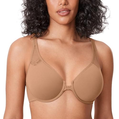 DELIMIRA Women's Front Closure Racerback Bras Plus Size Full Coverage Supportive Underwire Plunge Unlined Bra Gravel Beige 34F - Image 1
